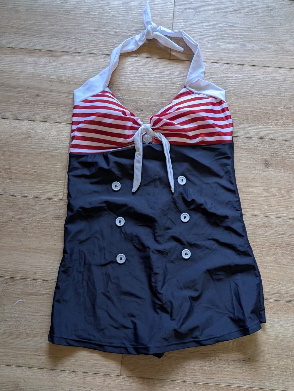 Ekouaer  Retro Striped Halter Nautical One-Piece Swimsuit - Red, White & Navy